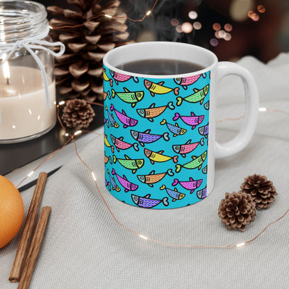 Hand Drawn Happy Fish Mug Ceramic Coffee Cup 11 Oz Glossy White Finish Artwork Gift For Coffee Lovers