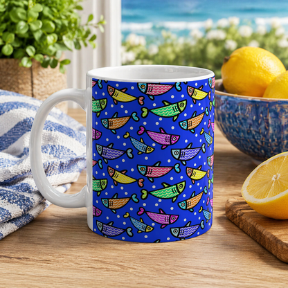 Happy Fish 2 Hand Drawn Illustration Ceramic Coffee Mug With Glossy Finish For Morning Joy