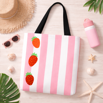 Strawberry Stripe Tote Bag With Pink Red Fruit Pattern