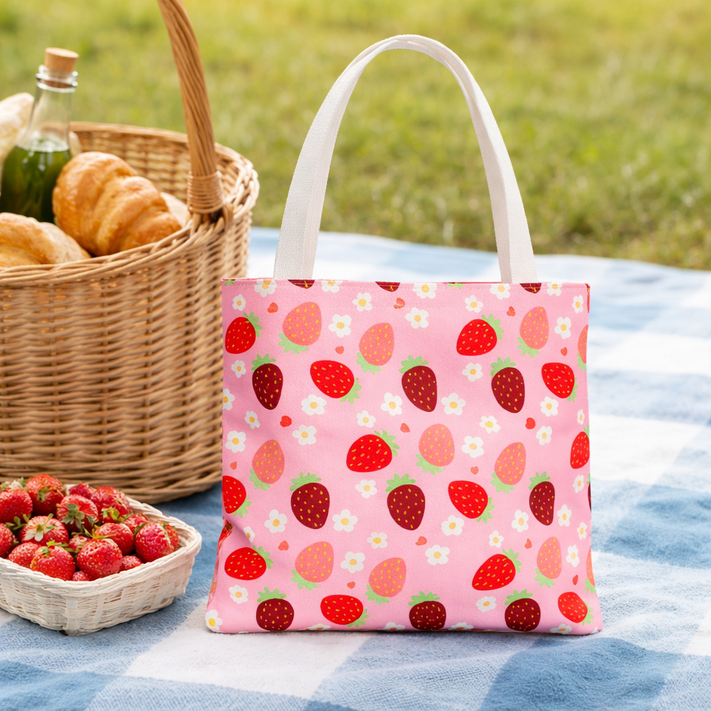 Strawberry Seamless Tote Bag Pink Red Fruit Pattern