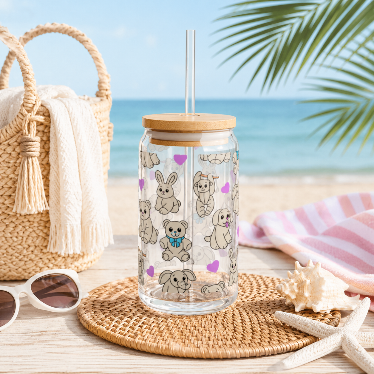 Cruise Towel Animal Sipper Glass | 16oz Glass Can with Bamboo Lid & Straw