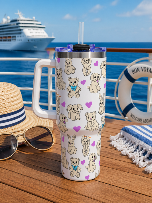 40oz Vacuum Insulated Tumbler With Hand Drawn Cruise Towel Animal Pattern
