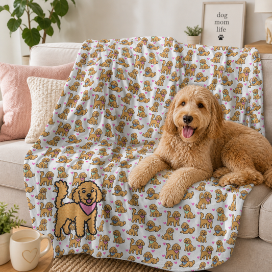 Goldendoodle Pattern Velveteen Plush Blanket | Golden Doodle Dog Puppy Hand Drawn Print 3 Sizes
