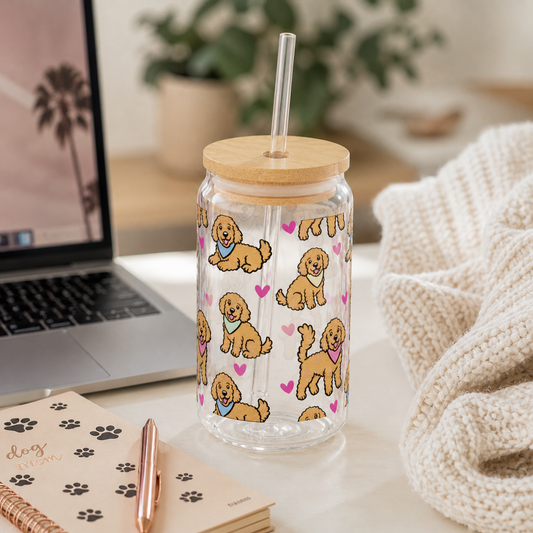 Goldendoodle Dog Sipper Glass | 16oz Glass Can with Bamboo Lid & Straw