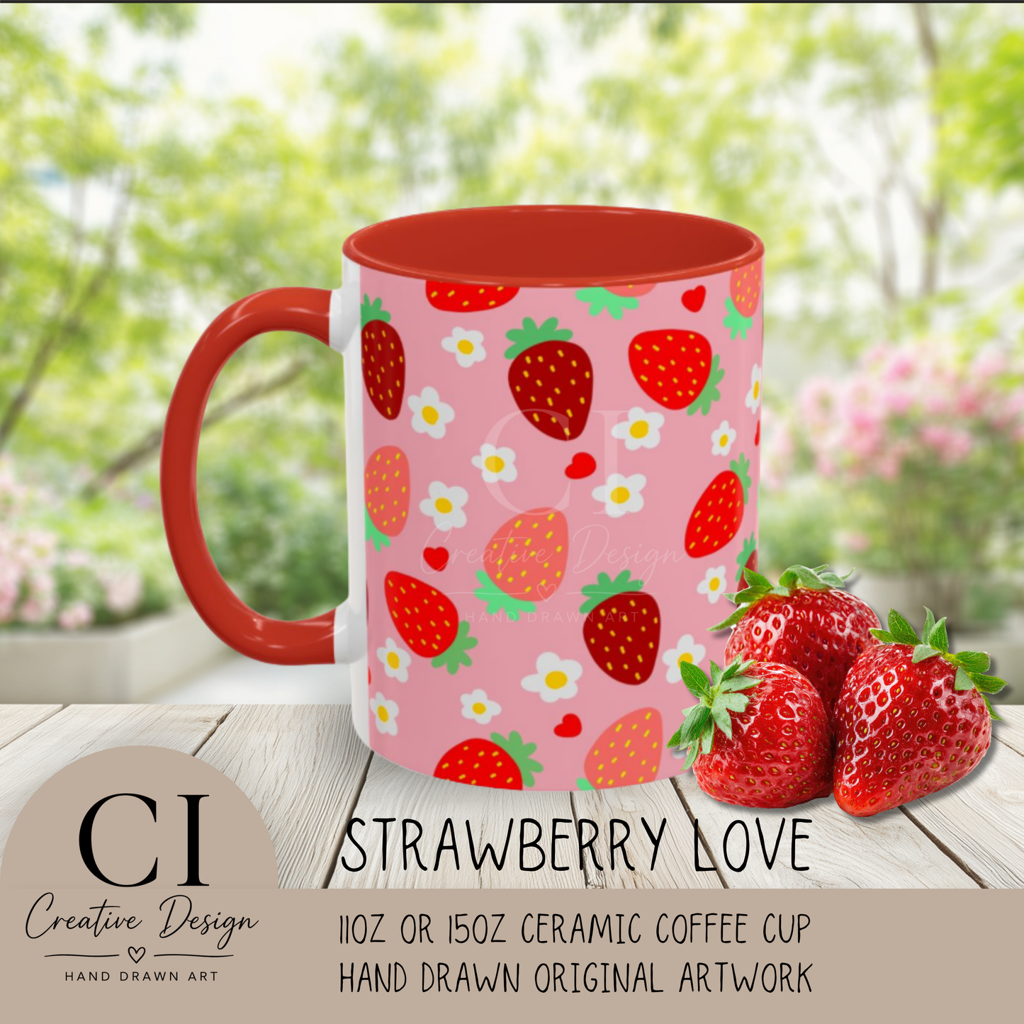 Strawberry Love Cup Ceramic Coffee Mug 11oz 15oz Pink Interior Pink Handle White With Striped Strawberry Pattern