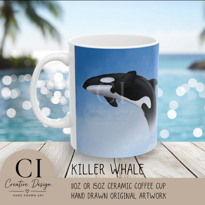 Orca Killer Whale Ceramic Mug Coffee Cup With Winter Blue Snowflake Design Dishwasher Safe Gift