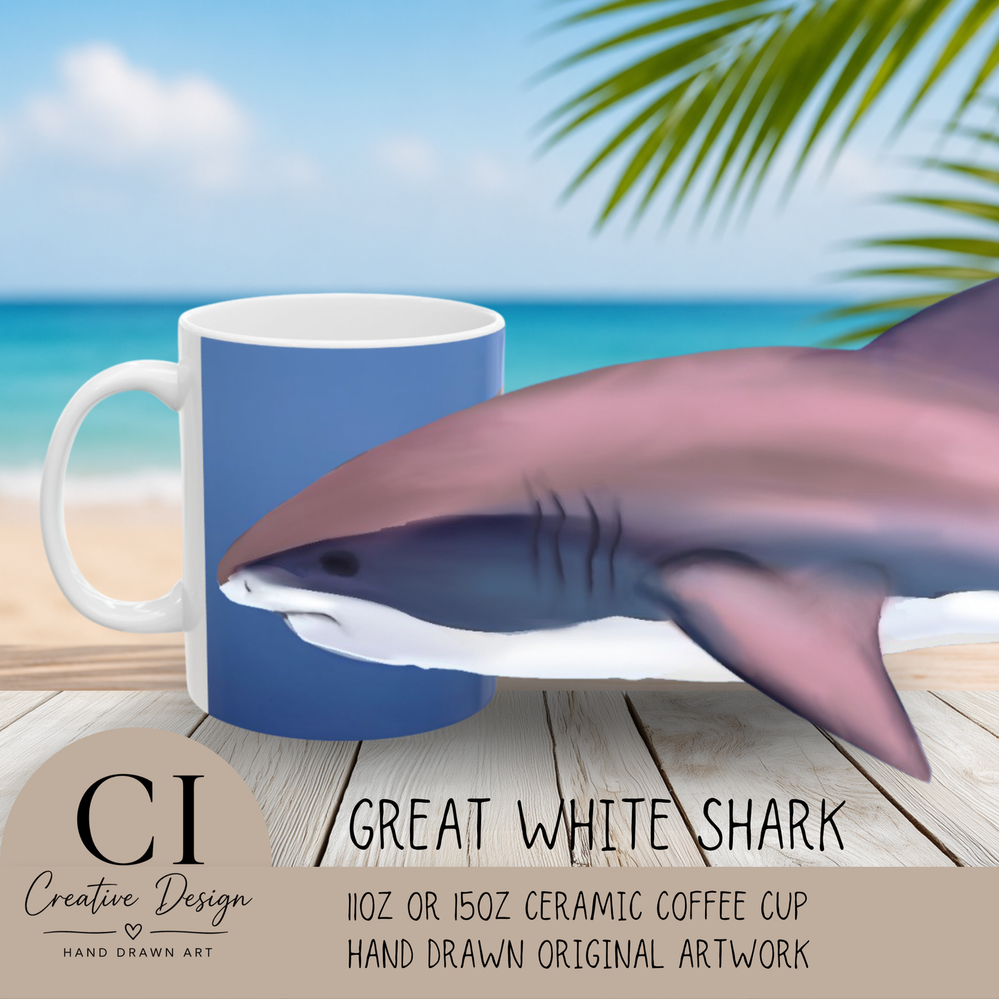 Great White Shark Coffee Mug Ceramic With Bold Ocean Artwork In Vibrant High Definition Color