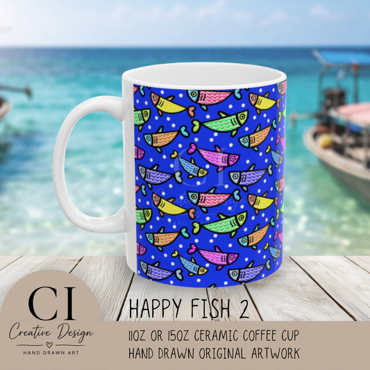 Happy Fish 2 Hand Drawn Illustration Ceramic Coffee Mug With Glossy Finish For Morning Joy