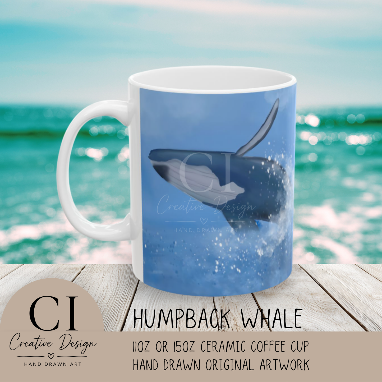 Humpback Whale Ceramic Mug For Whale Watching Coffee Cup With Frosted Ocean And Snowflake Artwork