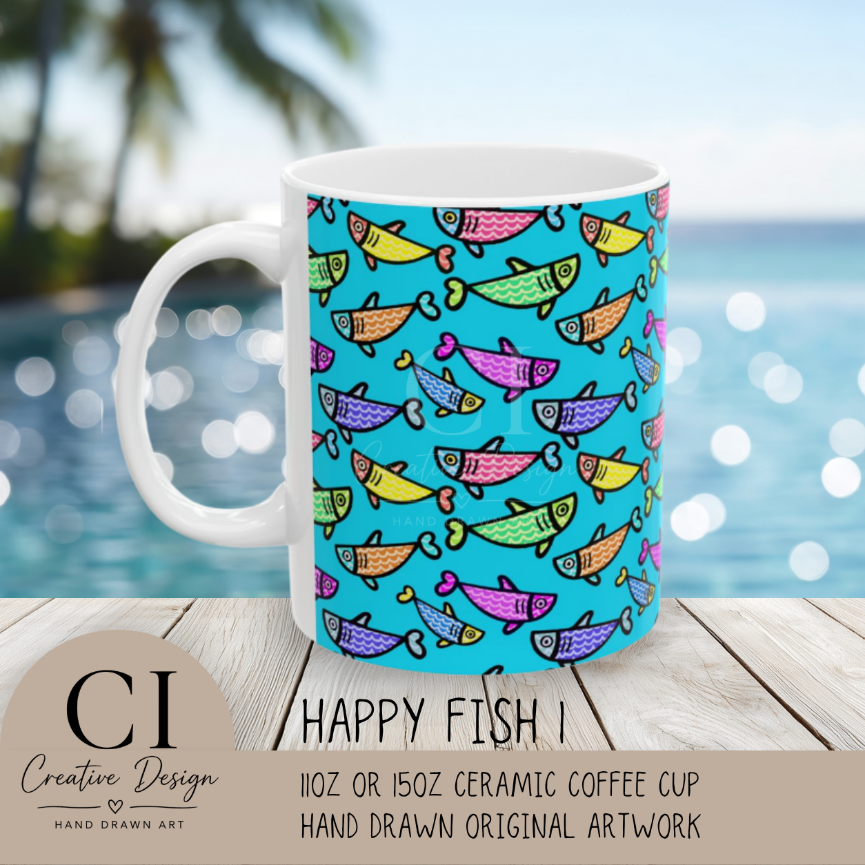Hand Drawn Happy Fish Mug Ceramic Coffee Cup 11 Oz Glossy White Finish Artwork Gift For Coffee Lovers