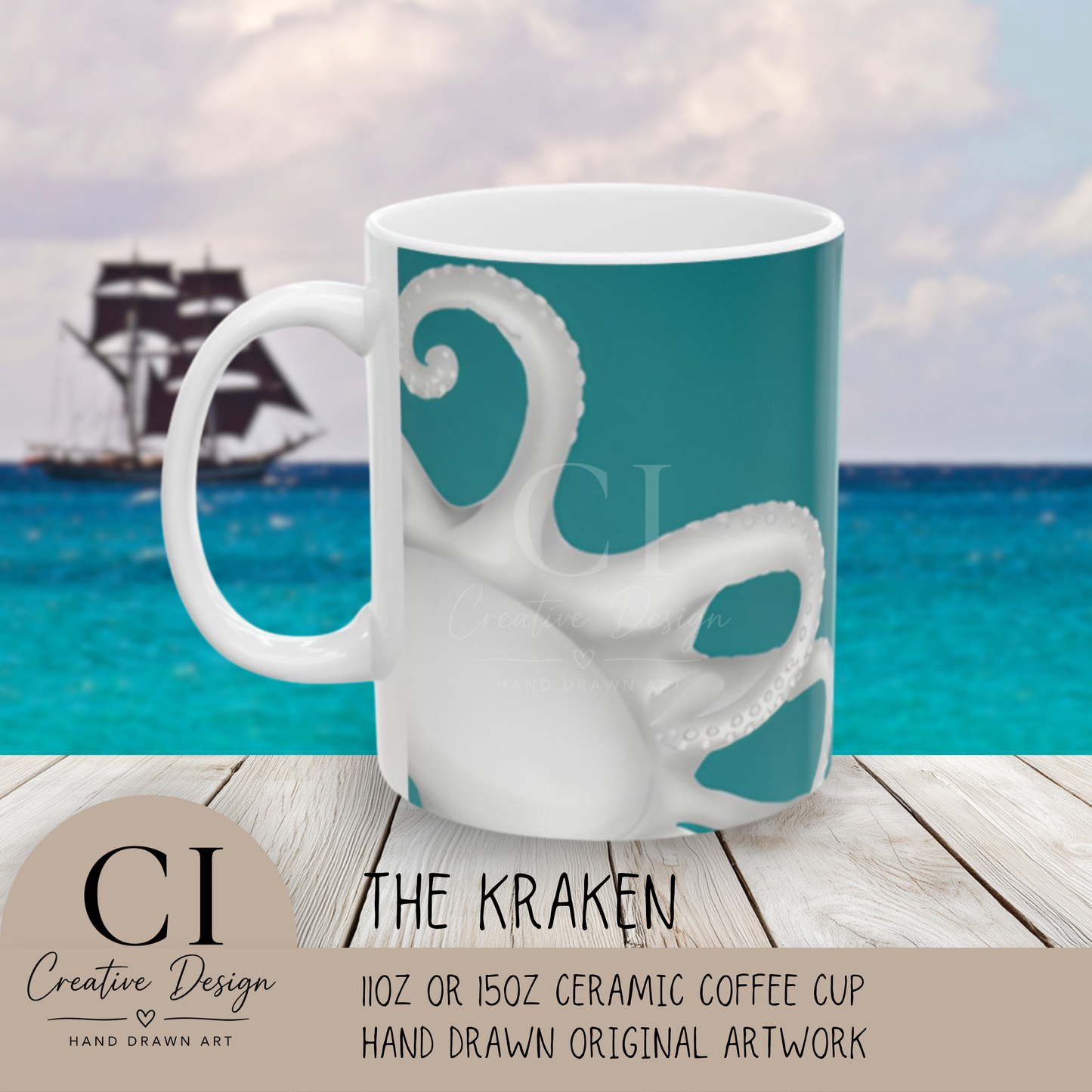 Kraken Octopus Pirate Ceramic Coffee Mug 11oz With Maritime Design Oceanic Nautical Mug For Coffee Lovers