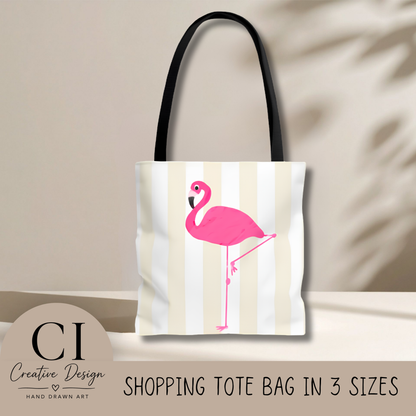 Pink Flamingo Illustration Tote Shopping Reusable Bag | All-Over Print