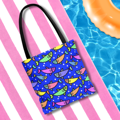 Happy Fish Tote Bag All Over Print Hand Drawn Fish Illustration Three Sizes