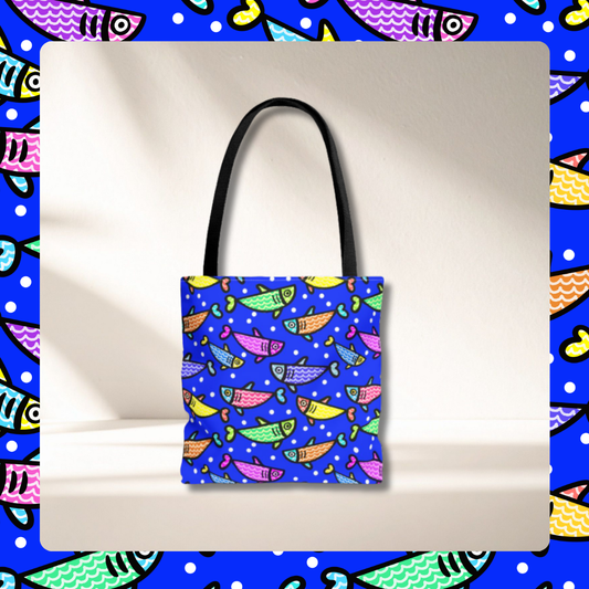 Happy Fish Tote Bag All Over Print Hand Drawn Fish Illustration Three Sizes