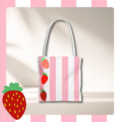 Strawberry Stripe Tote Bag With Pink Red Fruit Pattern