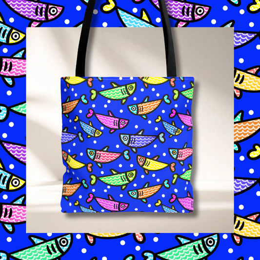 Happy Fish Tote Bag | Hand-Drawn Ocean Art Tote | 3 Sizes