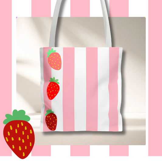 Strawberry Stripe Tote Bag | Reusable Market Bag | 3 Sizes