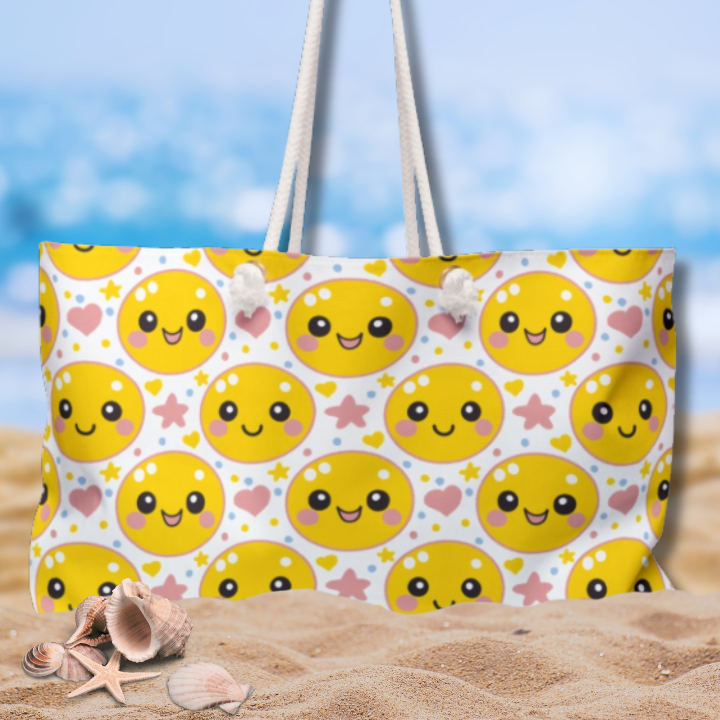 Retro Happy Face Beach Weekender Bag | Yellow Smiley Travel Tote