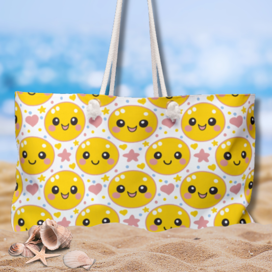 Retro Happy Face Beach Weekender Bag | Yellow Smiley Travel Tote