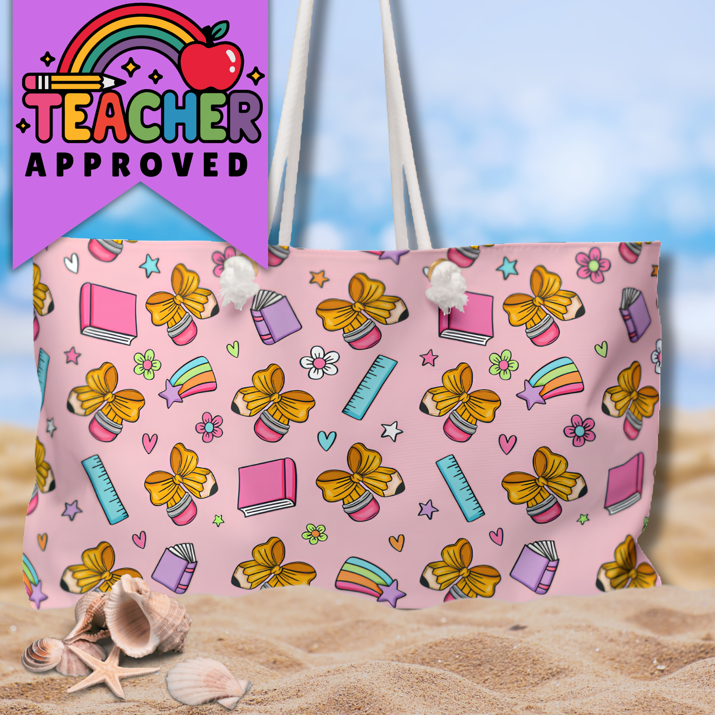 Pink Teacher School Supplies Back to School Beach Bag Weekender Bag Teacher Appreciation Tote