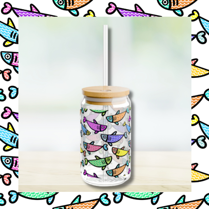 Colorful Fish Pattern Sipper Glass | 16oz Glass Can with Bamboo Lid & Straw