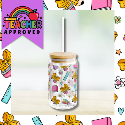 Teacher School Supplies Sipper Glass | 16oz Glass Can with Bamboo Lid & Straw