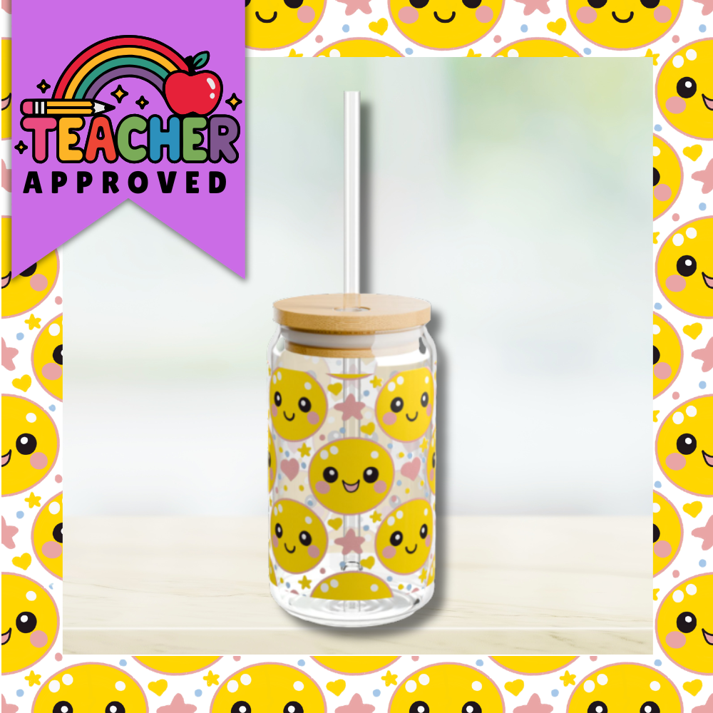 Retro Happy Face Sipper Glass | 16oz Glass Can with Bamboo Lid & Straw