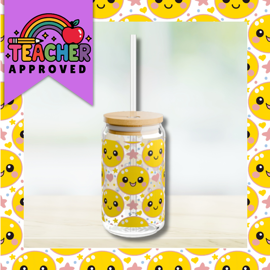Retro Happy Face Sipper Glass | 16oz Glass Can with Bamboo Lid & Straw