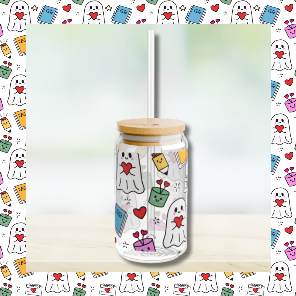 Kawaii Ghost Sipper Glass | 16oz Whimsigoth Glass Can with Bamboo Lid & Straw