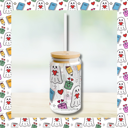 Kawaii Ghost Sipper Glass | 16oz Whimsigoth Glass Can with Bamboo Lid & Straw