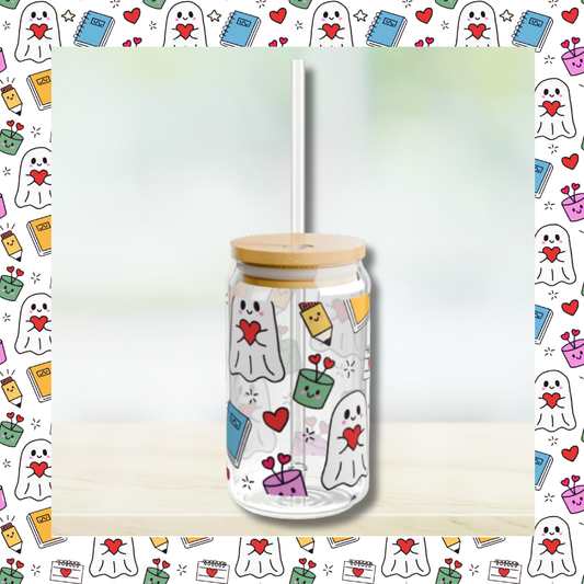Kawaii Ghost Sipper Glass | 16oz Whimsigoth Glass Can with Bamboo Lid & Straw