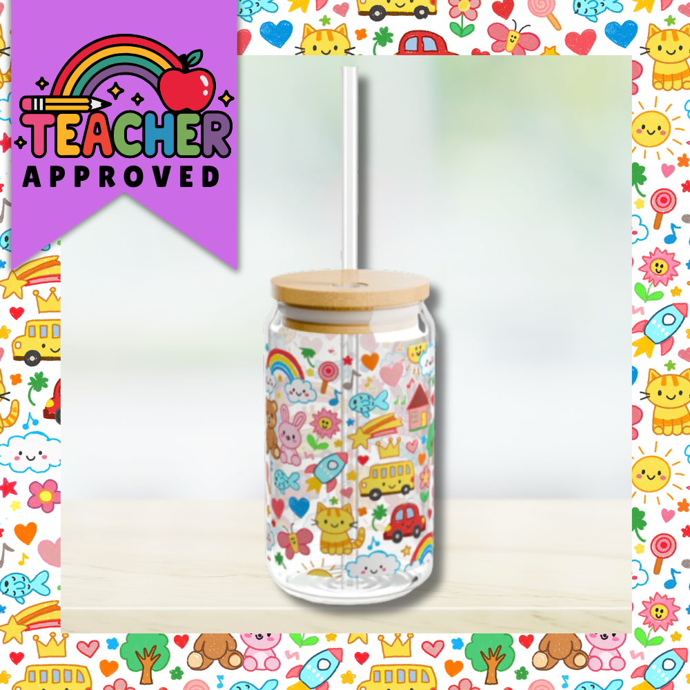 School Doodles Teacher Sipper Glass | 16oz Glass Can with Bamboo Lid & Straw