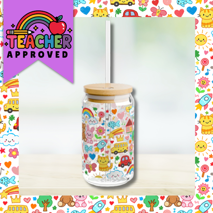 School Doodles Teacher Sipper Glass | 16oz Glass Can with Bamboo Lid & Straw