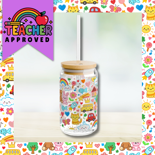 School Doodles Teacher Sipper Glass | 16oz Glass Can with Bamboo Lid & Straw