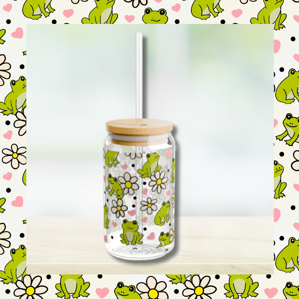 Frog & Daisy Sipper Glass | 16oz Glass Can with Bamboo Lid & Straw