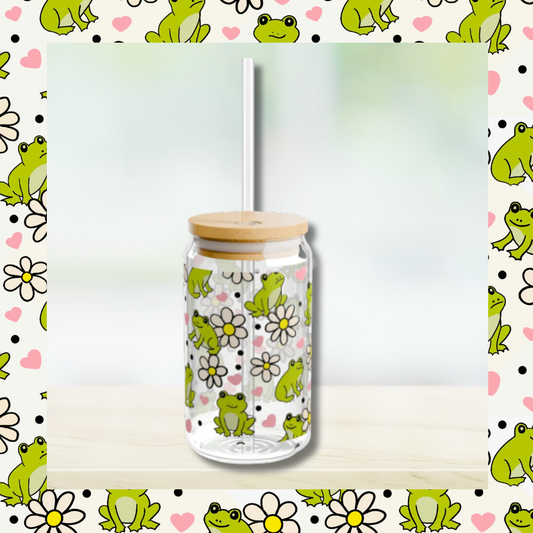 Frog & Daisy Sipper Glass | 16oz Glass Can with Bamboo Lid & Straw