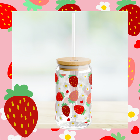 Strawberry Daisy Sipper Glass | 16oz Floral Glass Can with Bamboo Lid & Straw