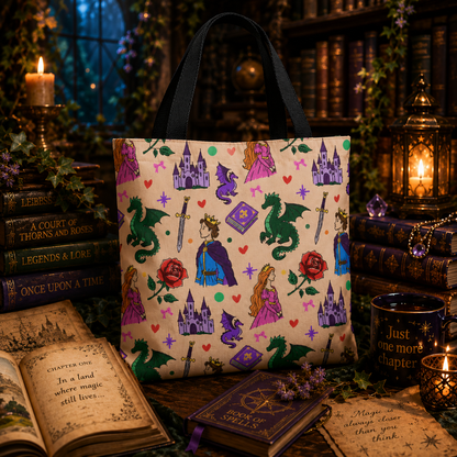 Fantasy Fairytale Tote Bag, Dragon Princess Book Lover Bag, Castle Bookish Gift, Fantasy Reader Tote, Dragon Book Tote