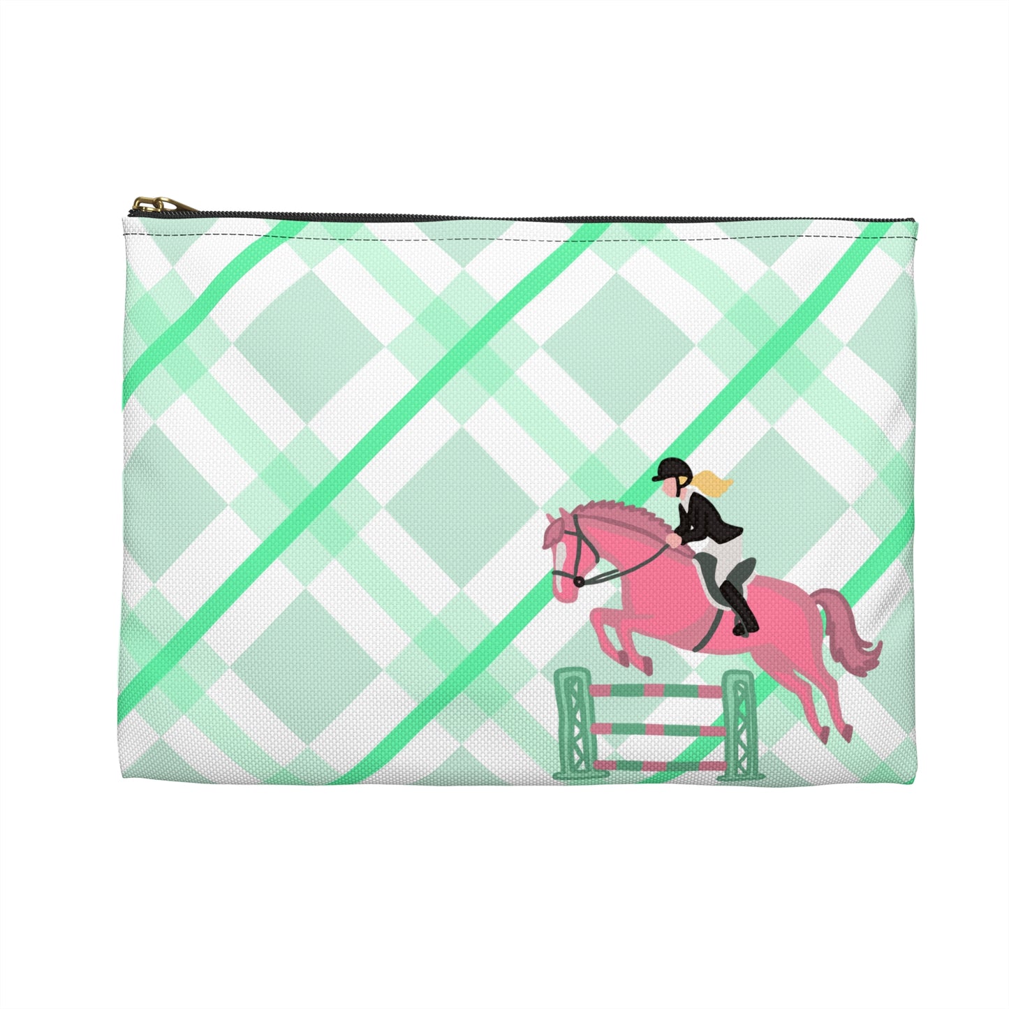 Equestrian Jumping Accessory Pouch — Mint Plaid Horse Rider Makeup Bag