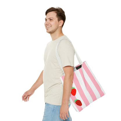Strawberry Stripe Tote Bag With Pink Red Fruit Pattern