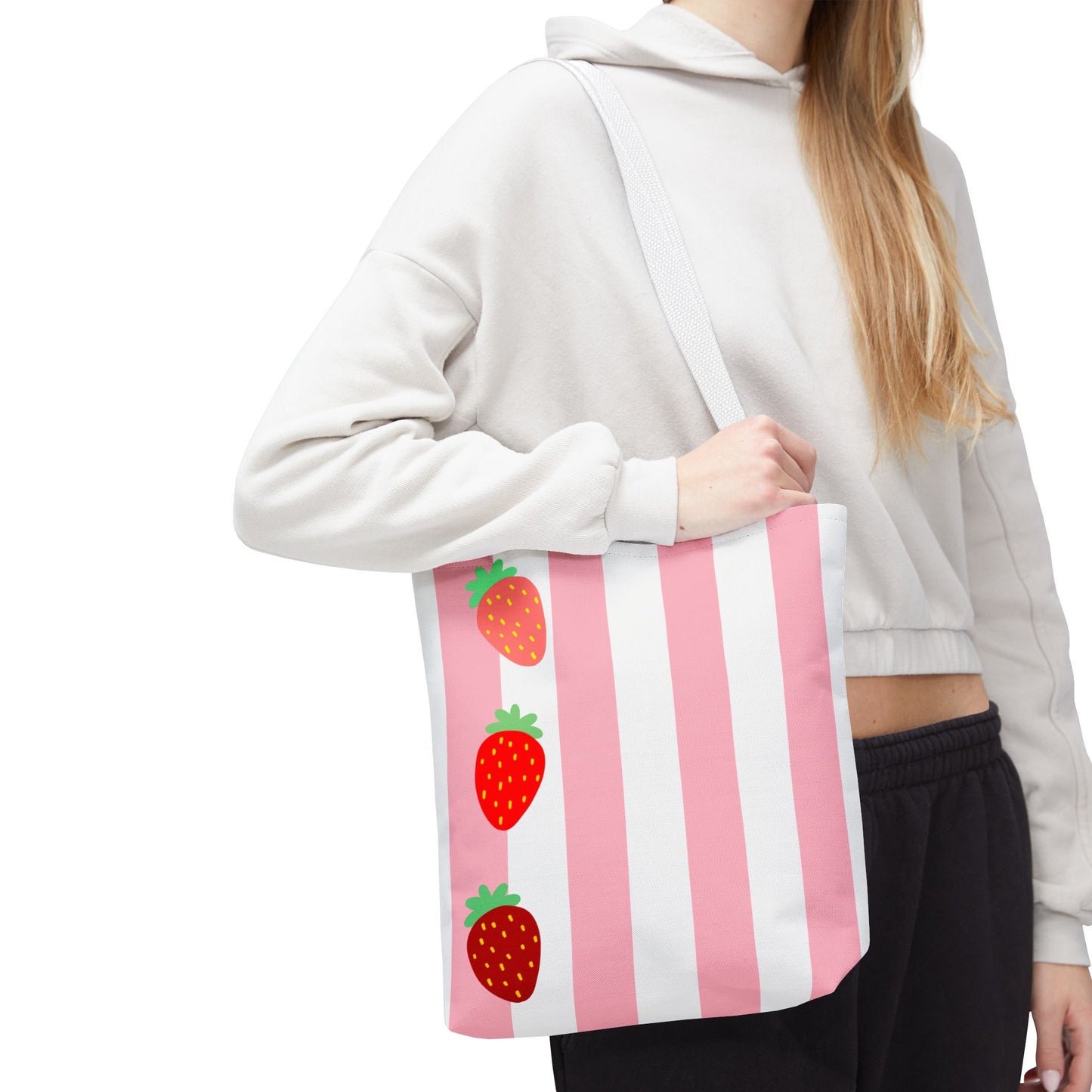 Strawberry Stripe Tote Bag With Pink Red Fruit Pattern