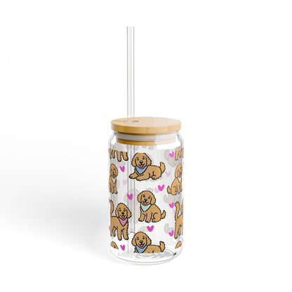 Goldendoodle Dog Sipper Glass | 16oz Glass Can with Bamboo Lid & Straw
