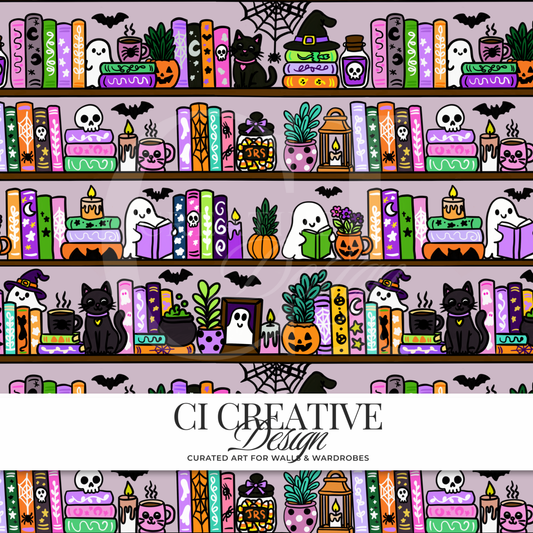 Haunted Library Seamless Pattern | Halloween Bookshelf Digital Download PNG
