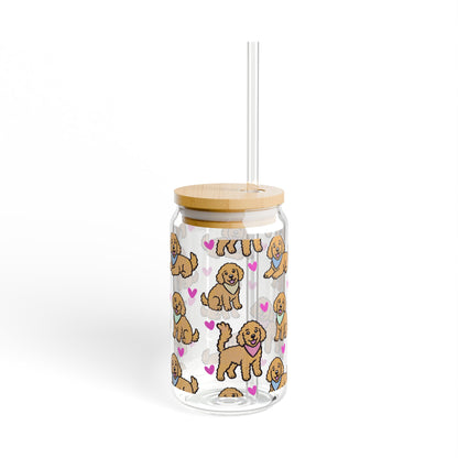 Goldendoodle Dog Sipper Glass | 16oz Glass Can with Bamboo Lid & Straw