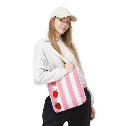 Strawberry Stripe Tote Bag With Pink Red Fruit Pattern