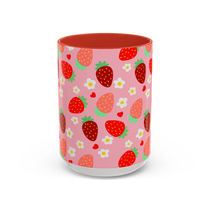 Strawberry Love Cup Ceramic Coffee Mug 11oz 15oz Pink Interior Pink Handle White With Striped Strawberry Pattern