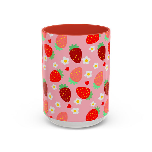 Strawberry Love Cup Ceramic Coffee Mug 11oz 15oz Pink Interior Pink Handle White With Striped Strawberry Pattern