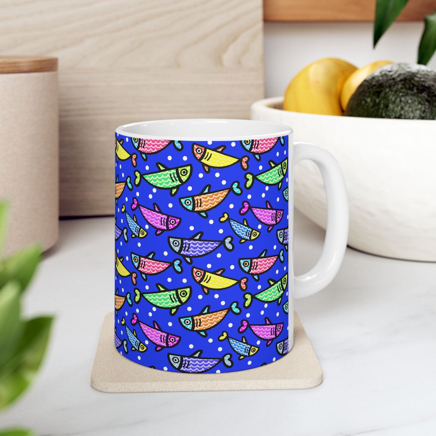 Happy Fish 2 Hand Drawn Illustration Ceramic Coffee Mug With Glossy Finish For Morning Joy
