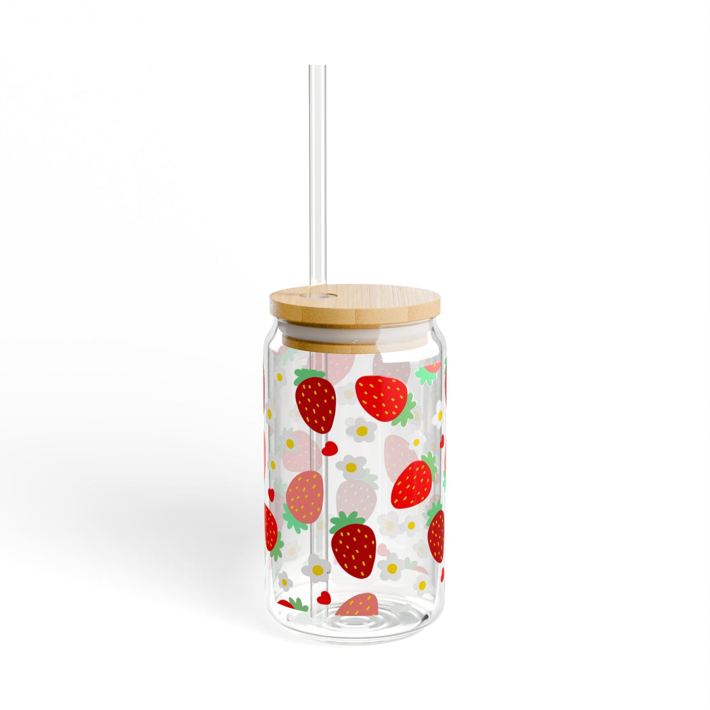 Strawberry Daisy Sipper Glass | 16oz Floral Glass Can with Bamboo Lid & Straw