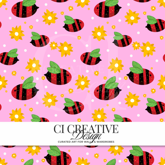 Strawberry Bees Seamless Pattern | Cute Bee Digital Download PNG